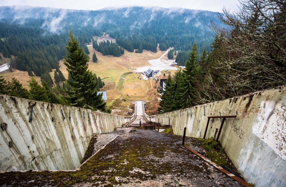 *** EXCLUSIVE ***
SARAJEVO, BOSNIA AND HERZEGOVINA - APRIL 2017: Top of ski slope in, Sarajevo, Bosnia and Herzegovina, April 2017.

SEEMINGLY forgotten by time, these powerful images show all thats left of Sarajevo's 1984 Winter Olympic venue. Once regarded as a great achievement for the small European city, in time it would be the setting for one of the bloodiest civil wars in the 20th century. The 1984 Winter Olympics was the first ever winter olympics hosted by a communist state and was seen at the time as a major coup for socialist Yugoslavia. Photographer Ioanna Sakellaraki, 27, visited the now abandoned venue in April 2017

PHOTOGRAPH BY Ioanna Sakellaraki / Barcroft Images

London-T:+44 207 033 1031 E:hello@barcroftmedia.com -
New York-T:+1 212 796 2458 E:hello@barcroftusa.com -
New Delhi-T:+91 11 4053 2429 E:hello@barcroftindia.com www.barcroftmedia.com (Photo credit should read Ioanna Sakellaraki / Barcroft Im / Barcroft Media via Getty Images)