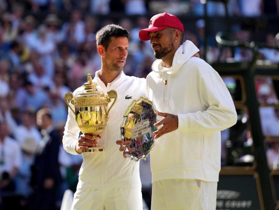 Novak Djokovic (left) beat Nick Kyrgios 4-6 6-3 6-4 7-6 (Zac Goodwin/PA) (PA Wire)