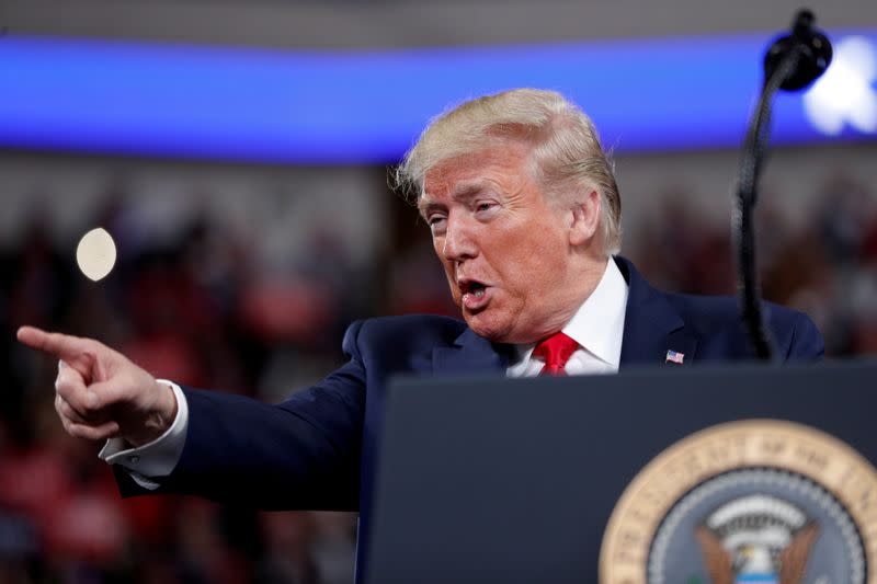 FILE PHOTO: U.S. President Donald Trump delivers remarks during a campaign rally at the Giant Center in Hershey, Pennsylvania