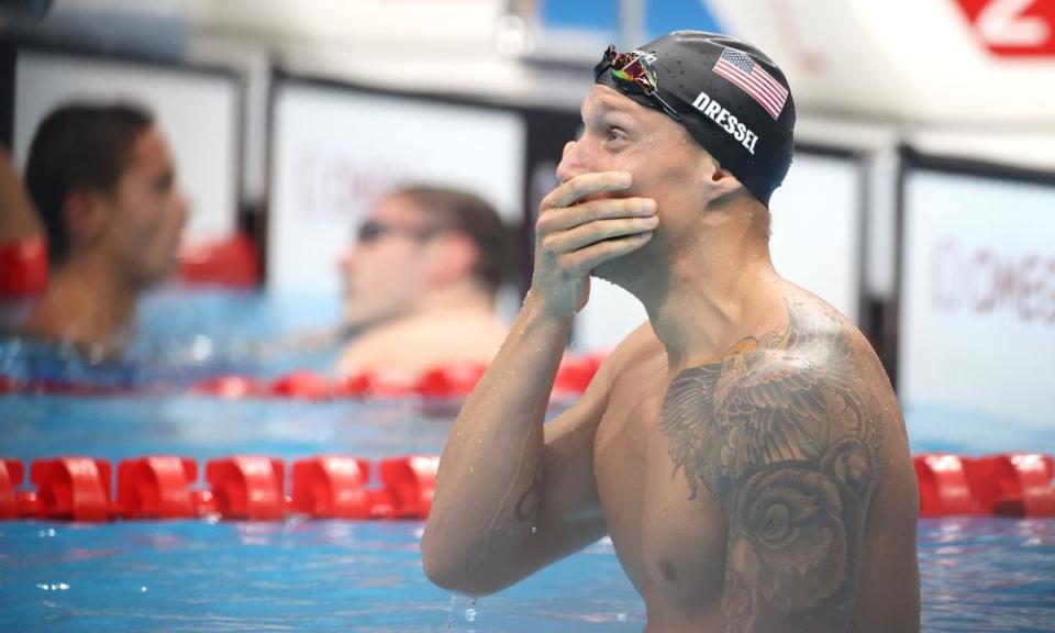 Caeleb Dressel reacts after winning the men’s 100m freestyle final.