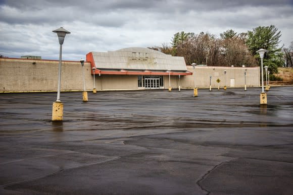 Abandoned storefront with an empty parking lot