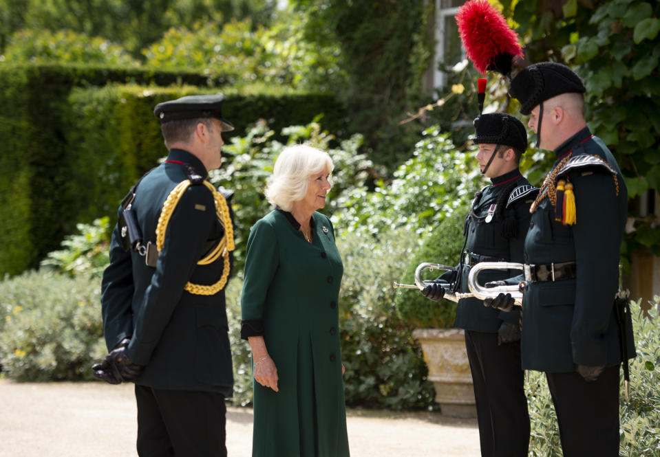 The Duchess of Cornwall at Highgrove House, during a ceremony for the transfer of the Colonel-in-Chief of the Rifles to the Duchess from the Duke of Edinburgh, who will begin the ceremony at Windsor Castle.