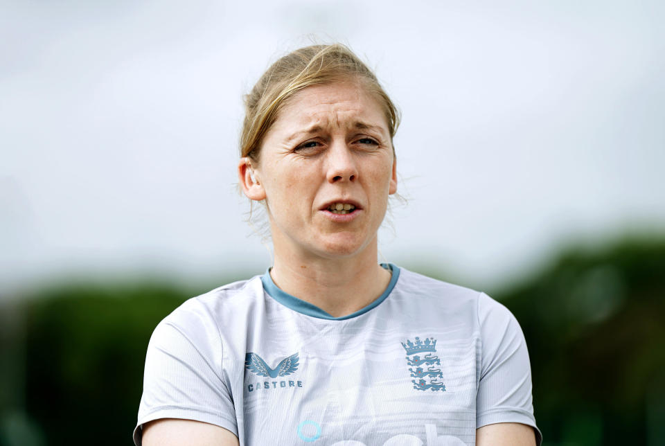 FILE - England cricketer Heather Knight speaks in London, Aug. 24, 2022. The first women’s cricket test match played over five days will take place next year when England and Australia meet in the Ashes. Women’s test matches have traditionally been played over four days as opposed to five in the men’s game. Only six women’s tests have taken place worldwide since 2017 and all of them finished in draws after time ran out. (Aaron Chown/PA via AP, File)