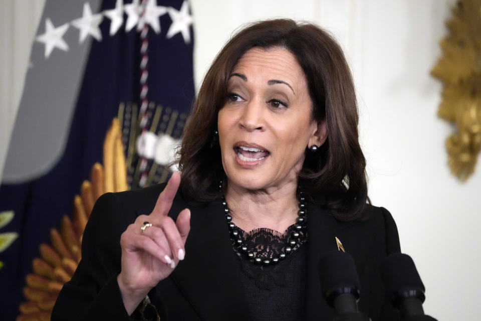 Vice President Kamala Harris speaks at an event to celebrate Black History Month, Monday, Feb. 27, 2023, in the East Room of the White House in Washington. (AP Photo/Alex Brandon)