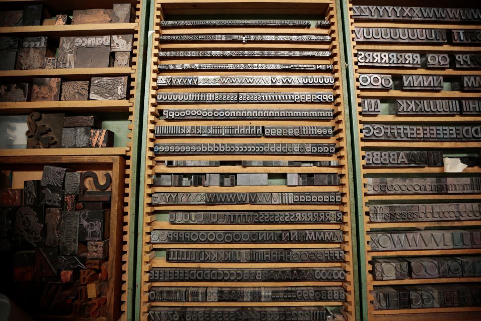 A collection of antique letter press stamps are organized at Billiter Studio in the Walnut Hills neighborhood of Cincinnati on Wednesday, Nov. 3, 2021.