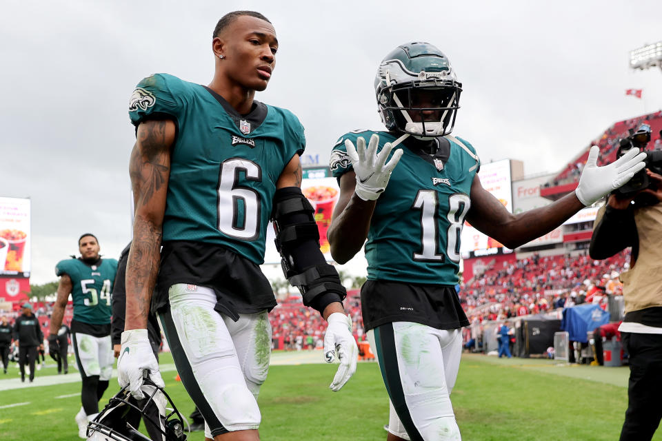 Jalen Reagor (18) did not have a good day in the Eagles' playoff loss to the Bucs. (Photo by Michael Reaves/Getty Images)