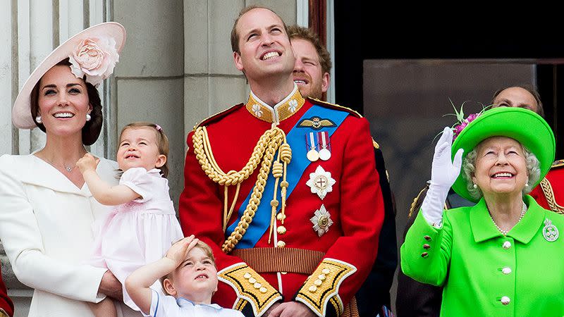 Catherine, Duchess of Cambridge, Princess Charlotte, Prince George, Prince William, Duke of Cambridge, Queen Elizabeth II and Prince Philip, Duke of Edinburgh stand on the balcony during the Trooping the Colour.