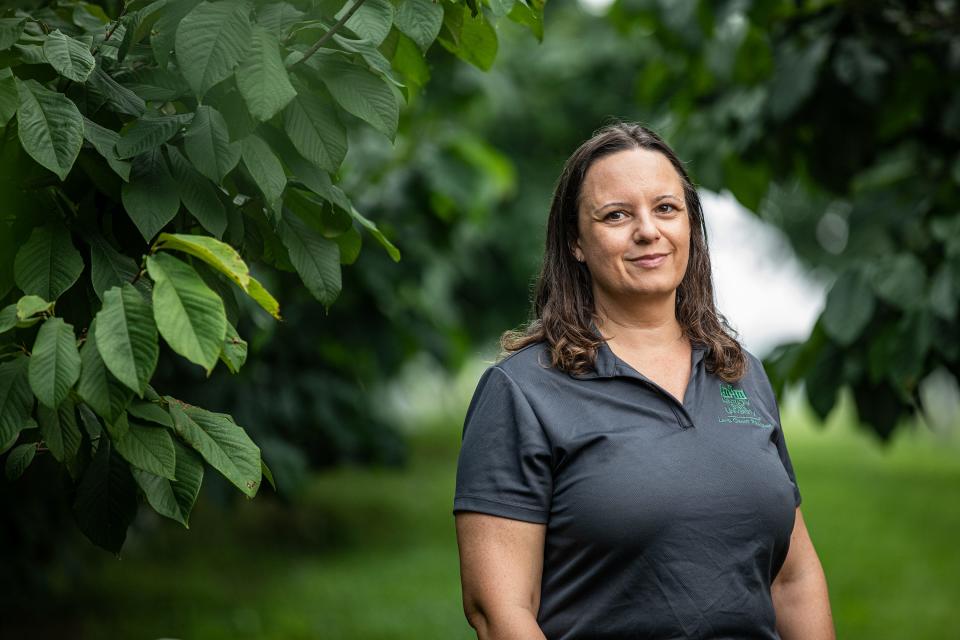 Sheri Crabtree stands among rows of Pawpaw trees at KSU's Harold R. Benson Research & Demonstration Farm in Frankfort, Ky. Crabtree is a researcher with Kentucky State University who works at the only full-time pawpaw research program in the world as part of the KSU Land Grant Program. July 17, 2023