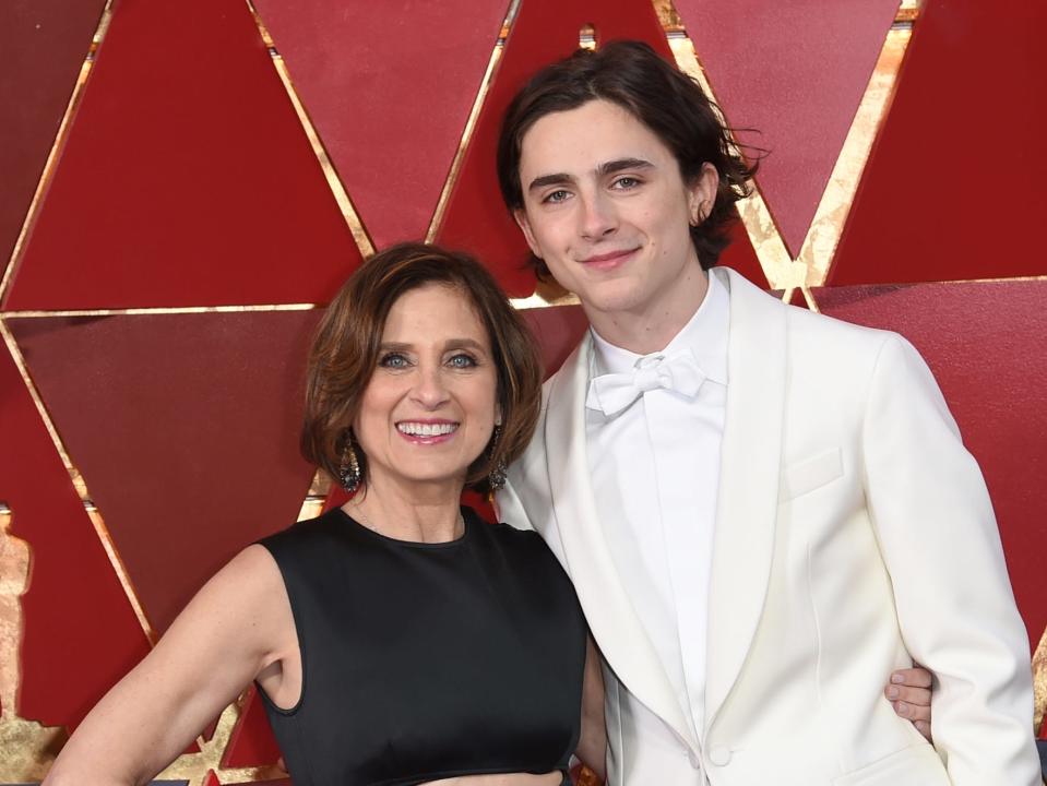 Timothee Chalamet and his mom at the 2018 Oscars when he was nominated for "Call Me By Your Name"