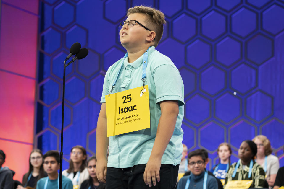 Isaac Brogan, 11, from Windsor, Ontario, Canada, competes during the Scripps National Spelling Bee, Wednesday, May 31, 2023, in Oxon Hill, Md. (AP Photo/Nathan Howard)