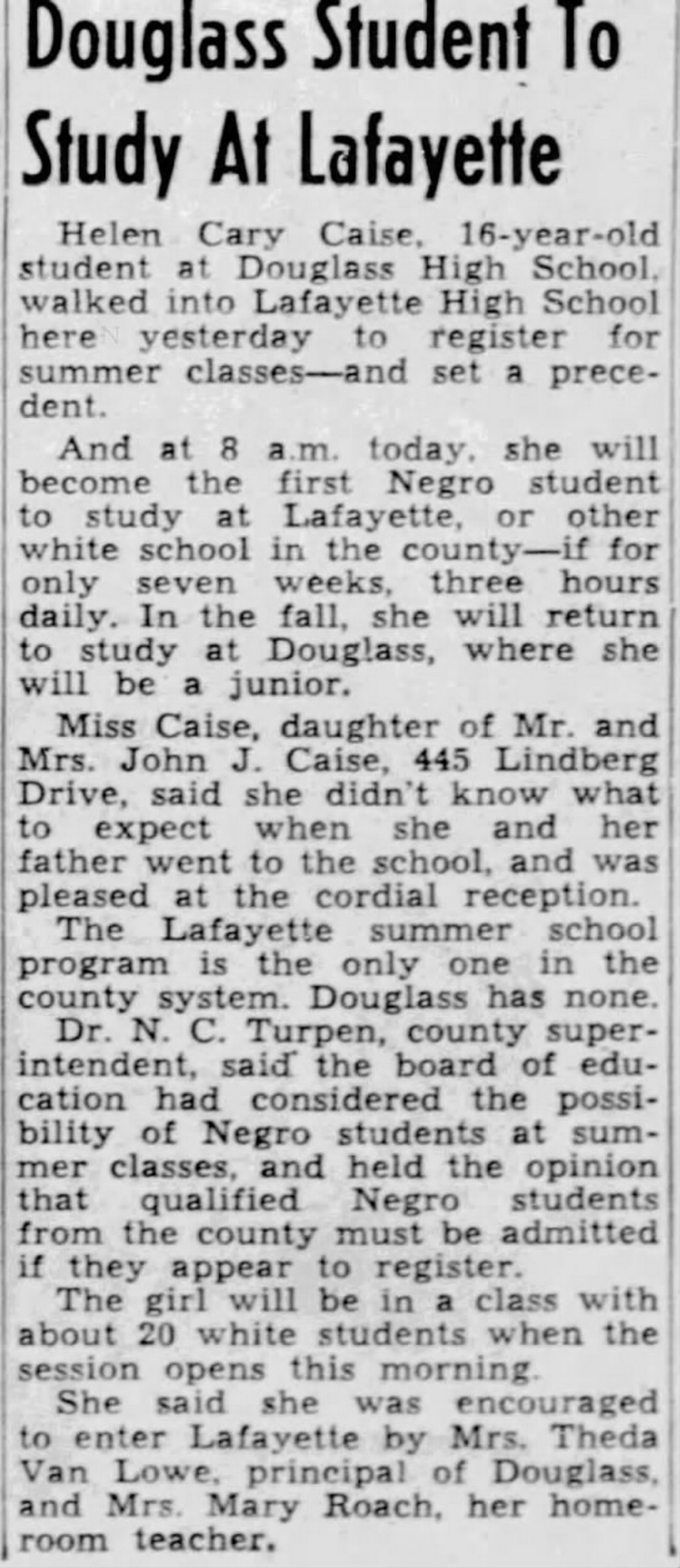 The June 7, 1955 Lexington Herald story about Helen Caise, who integrated the Lexington schools by going to summer school at Lafayette High School.