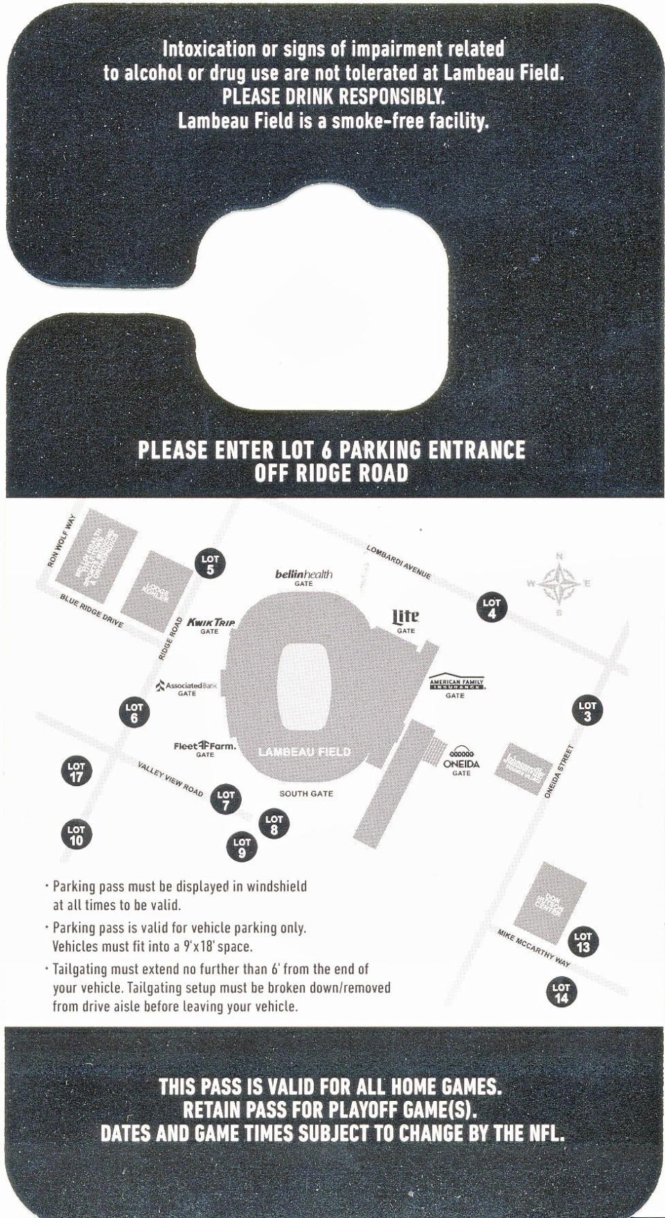 The backs of Lambeau Field parking passes, such as this pass for Lot 6, include locations of numbered lots and instructions on the best way to access lots assigned to fans.