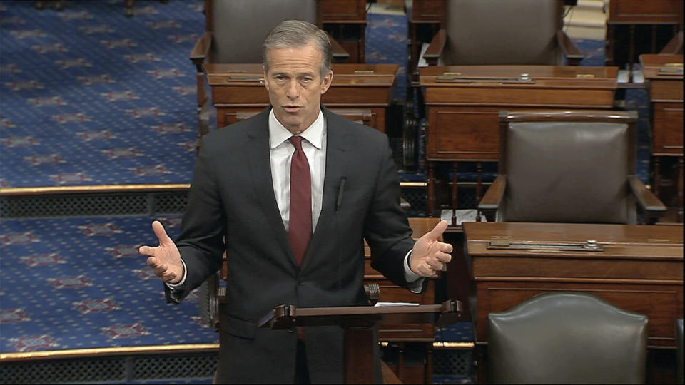 In this image from video, Sen. John Thune, R-S.D., speaks on the Senate floor at the U.S. Capitol in Washington, Sunday, March 22, 2020. (Senate Television via AP)