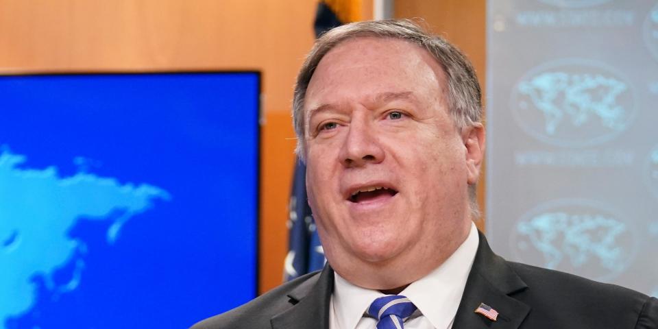 Secretary of State Mike Pompeo speaks about the coronavirus during news conference at the State Department in Washington on Wednesday, May 6, 2020. (Kevin Lamarque/Pool Photo via AP)