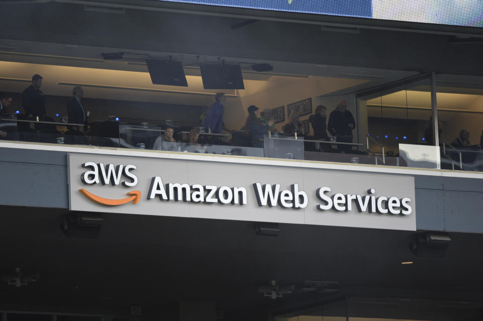 An Amazon Web Services ad is shown inside Century Link Field during a game between the LA Rams and the Seattle Seahawks on October 3, 2019. (Photo by Jeff Halstead/Icon Sportswire via Getty Images)