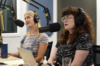 Tess Barker, left, and Barbara Gray, co-hosts of the "Britney's Gram" podcast, talk at Earwolf podcast studio, Thursday, July 15, 2021, in Los Angeles. (AP Photo/Chris Pizzello)