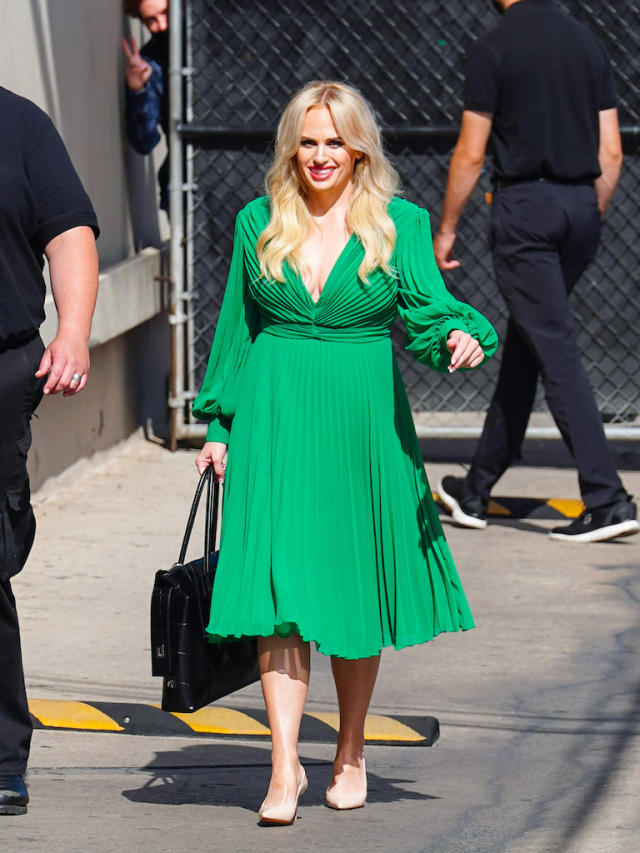 Rebel Wilson takes pictures with fans while arriving at Los