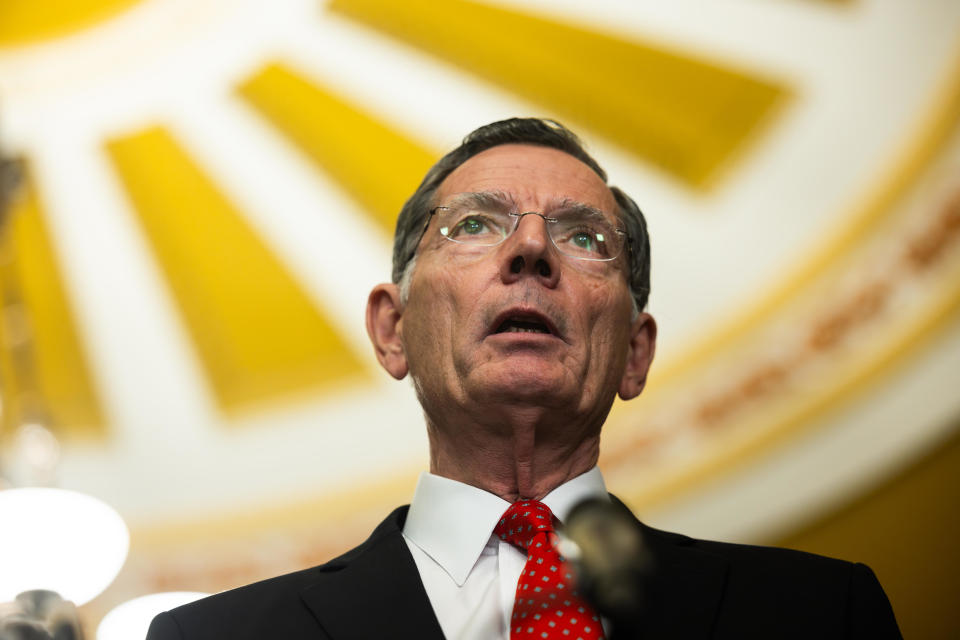 Sen. John Barrasso, a Republican from Wyoming, speaks during a news conference on Capitol Hill on Tuesday, Nov. 14, 2023.  / Credit: Tierney L. Cross/Bloomberg via Getty Images