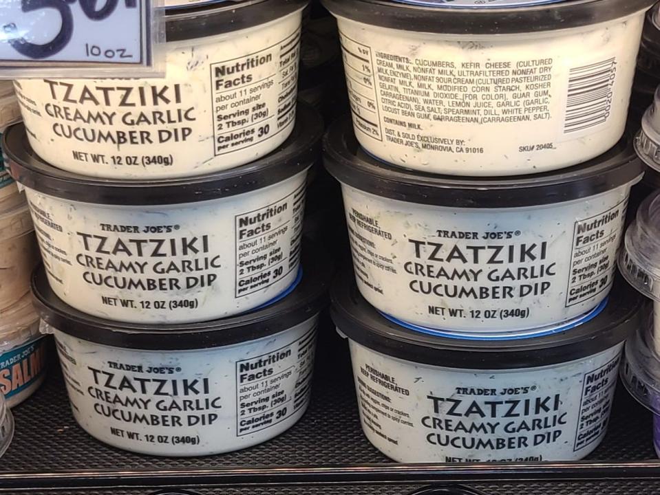 containers of tzatziki dip at trader joes