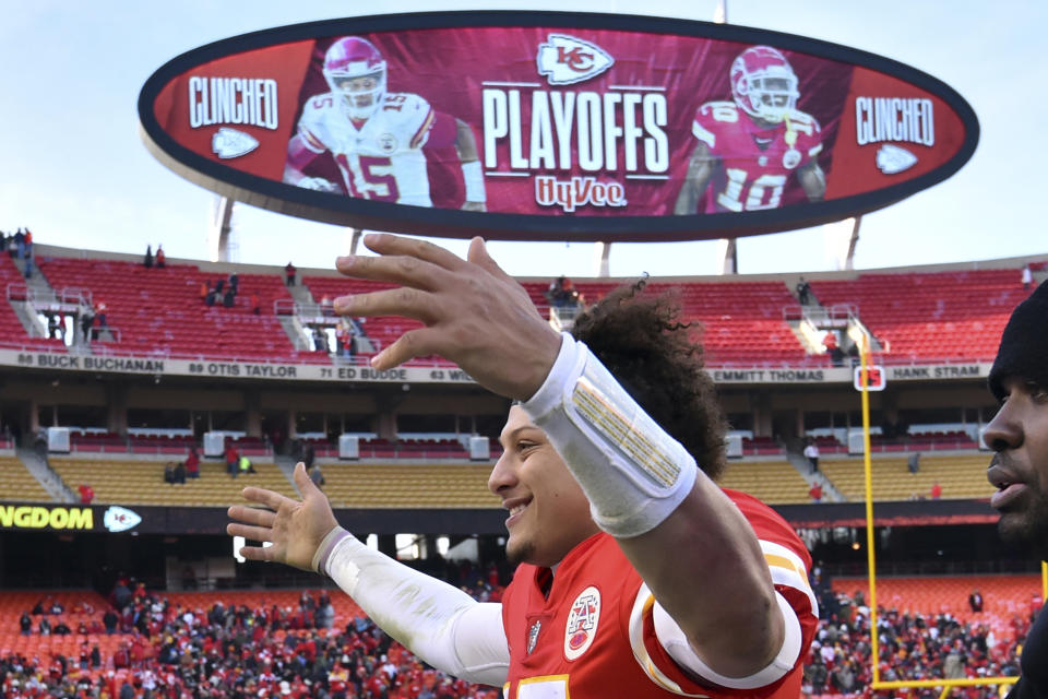 Kansas City Chiefs quarterback Patrick Mahomes celebrates his team’s win and playoff spot on Sunday. (AP)