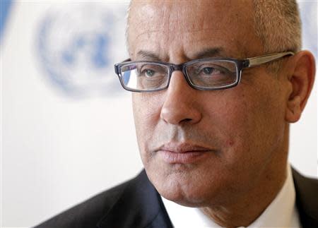 Libyan Prime Minister Ali Zeidan pauses after his address to the 22nd session of the Human Rights Council at the United Nations in Geneva, in this file picture taken February 25, 2013. REUTERS/Denis Balibouse/Files