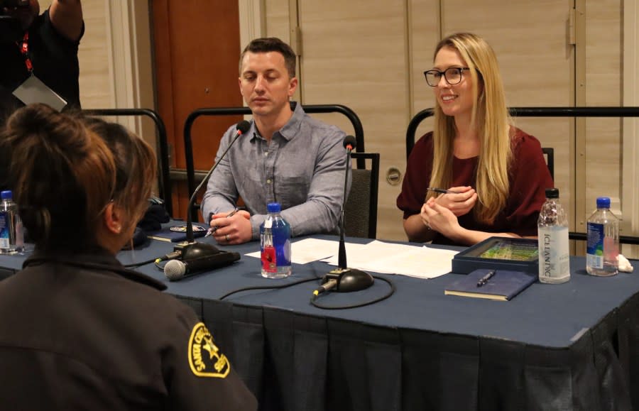 Denise Huskins talks to a Santa Cruz County Sheriff’s deputy in Seaside on March 21, 2024. (KRON4 / Amy Larson)