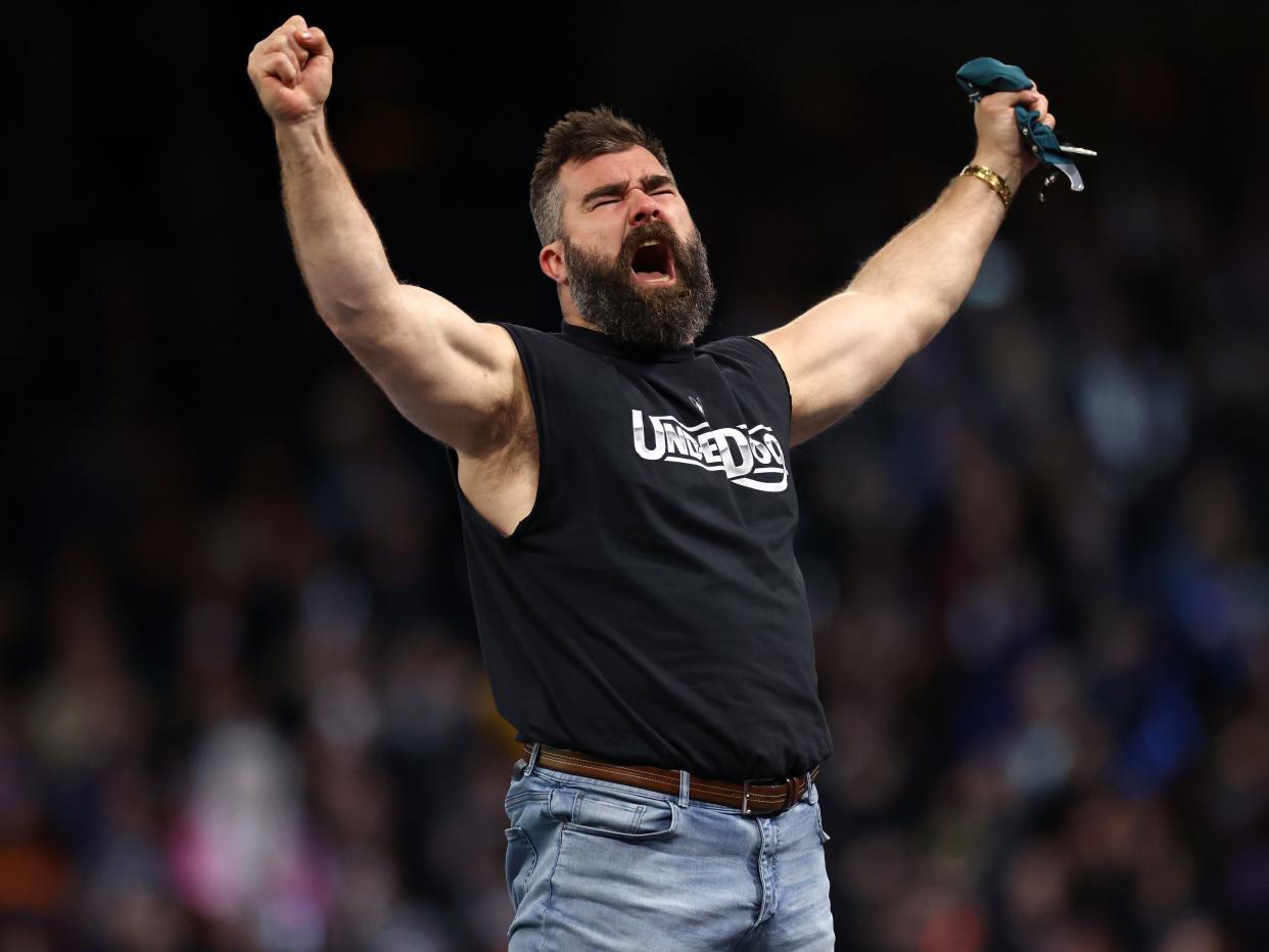 Former NFL player Jason Kelce reacts following a match during Night One of WrestleMania 40 at Lincoln Financial Field in Philadelphia, Pennsylvania.