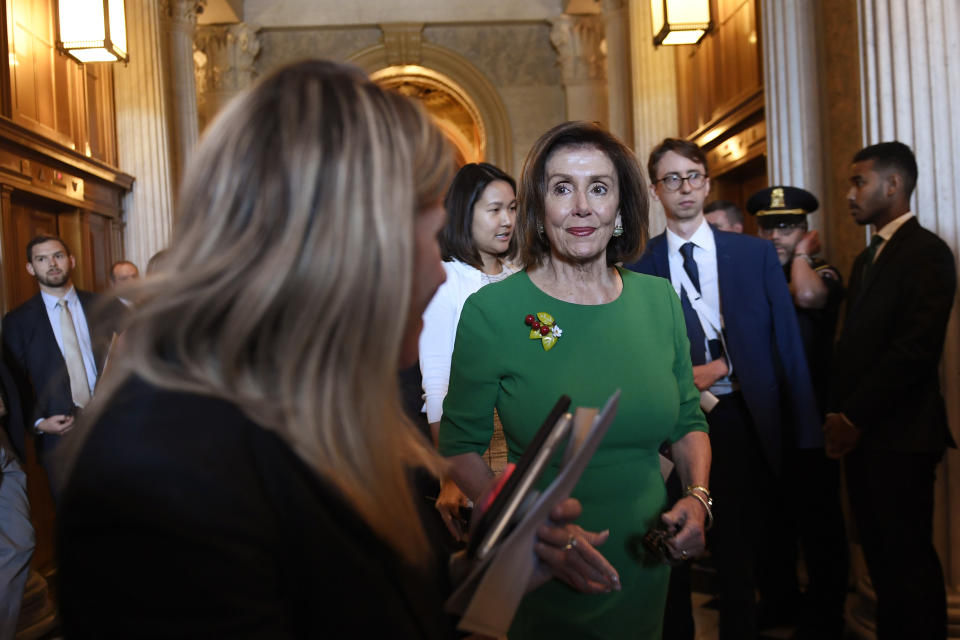 House Speaker Nancy Pelosi of Calif., gathers on Capitol Hill in Washington, Tuesday, July 9, 2019, to participate in an event on health care. (AP Photo/Susan Walsh)