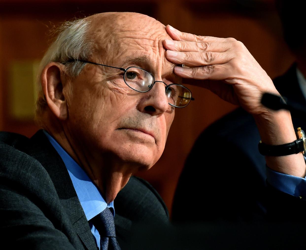 Supreme Court Justice Stephen Breyer pauses before speaking at Yale Law School in New Haven, Conn., Wednesday, Feb. 17, 2016. 