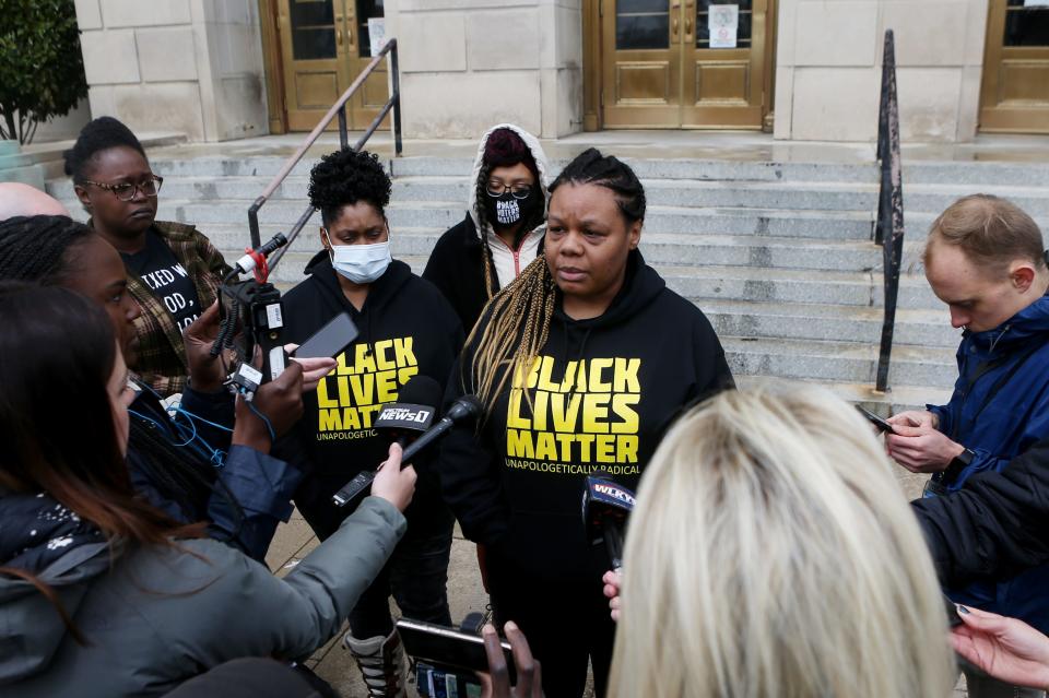 Chanelle Helm, an organizer with Black Lives Matter Louisville, talked after Quintez Brown was arraigned in Federal Court in the attempted shooting of Craig Geenberg.April 8, 2022