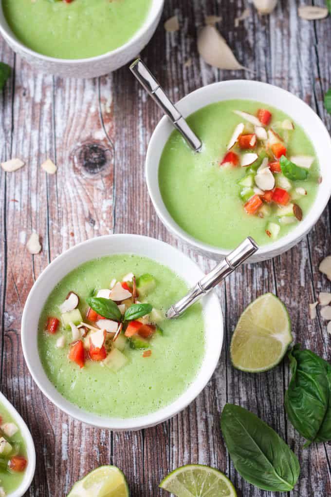 <p>Unsweetened almond milk, basil, and apple lend this gazpacho-style soup a truly unique blend of flavors that’s perfect for starting your meal on a refreshing note.</p><p><a class="link " href="https://www.veggieinspired.com/cold-cucumber-soup/" rel="nofollow noopener" target="_blank" data-ylk="slk:GET THE RECIPE;elm:context_link;itc:0;sec:content-canvas">GET THE RECIPE</a></p><p><em>Per </em><em>serving</em><em>: 49 calories, 1 g fat (0 g saturated), 11 g carbs, 6 g sugar, 159 mg sodium, 2 g fiber, 1 g protein</em></p>