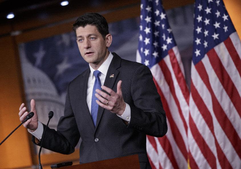 FILE - In this Feb. 16, 2017 file photo, House Speaker Paul Ryan of Wis. meets with reporters on Capitol Hill in Washington. Ryan is visiting the Rio Grande valley for a firsthand look at the U.S.-Mexico border as the Trump administration steps up immigration enforcement and prepares to ask Congress to pay for a border wall. (AP Photo/J. Scott Applewhite, File)