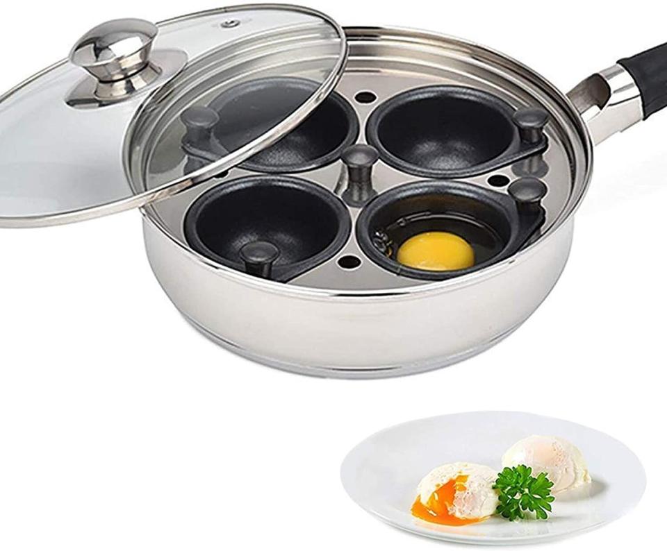 If a friend is having an eggsistential crisis about how to make perfectly poached eggs, this pan will come to the rescue. Made of stainless steel, put eggs and water in this pan &mdash; letting the eggs steam away. The glass cover can help them see what's going on inside. <a href="https://amzn.to/37Lv3bB" target="_blank" rel="noopener noreferrer">Find it for $29 at Amazon</a>.