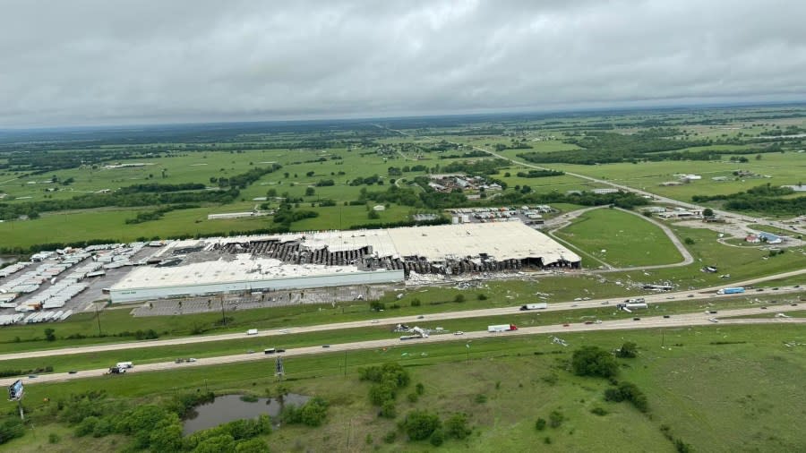 he large Dollar Tree/Family Dollar distribution center on I-35 in Marietta has major storm damage. (KFOR) 