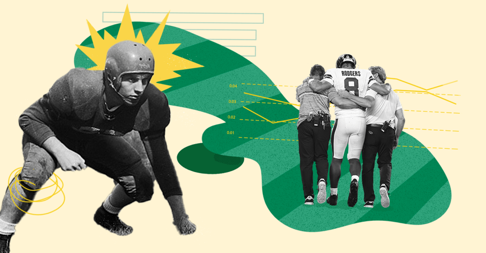 Photo illustration with cream background, green field with Aaron Rodgers being carried off field injured next to cutout of old fashioned football player (Kelsea Petersen / NBC News)