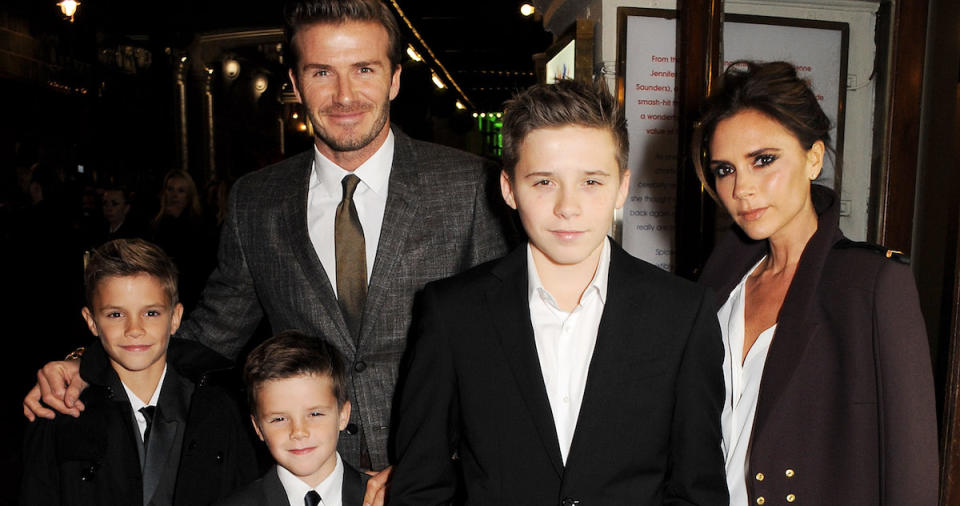 David and Victoria Beckham with children Romeo, Cruz and Brooklyn at Gala Press Night performance of ‘Viva Forever’ (Copyright: Getty/Dave M. Benett)