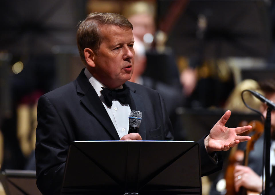 Bill Turnbull presents on stage with the Royal Liverpool Philharmonic Orchestra during Classic FM's 25th Birthday concert at the Liverpool Philharmonic Hall. (Matt Crossick/PA Wire)