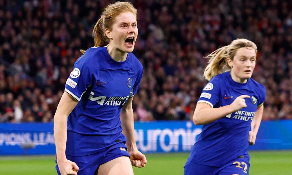 <span>Sjoeke Nüsken roars with delight after scoring <a class="link " href="https://sports.yahoo.com/soccer/teams/chelsea/" data-i13n="sec:content-canvas;subsec:anchor_text;elm:context_link" data-ylk="slk:Chelsea;sec:content-canvas;subsec:anchor_text;elm:context_link;itc:0">Chelsea</a>’s second goal against Ajax, as Erin Cuthbert runs to join in the celebrations.</span><span>Photograph: Piroschka Van De Wouw/Reuters</span>