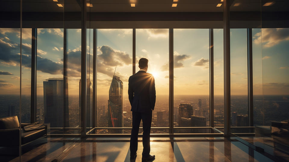 A businessperson in a high-rise office building, demonstrating the protection of professional lines.