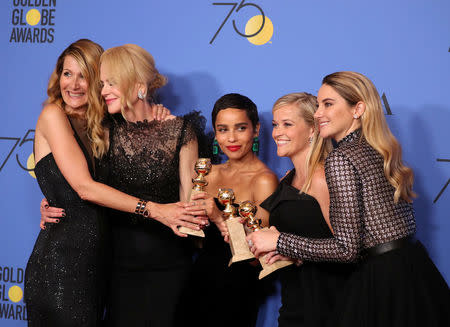 FILE PHOTO: L to R: Laura Dern, Nicole Kidman, Zoe Kravitz, Reese Witherspoon and Shailene Woodley pose backstage after winning the award for Best Television Limited Series or Motion Picture Made for Television for "Big Little Lies" at the 75th Golden Globe Awards in Beverly Hills, California, U.S., January 7, 2018. REUTERS/Lucy Nicholson/File Photo