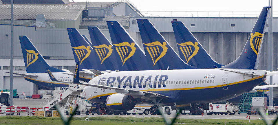 File photo dated 3/4/2020 of Ryanair jets parked on the runway of Dublin airport. The budget airline group has announced that up to 3,000 jobs across pilots and cabin crew will be cut in a restructuring programme that could also involve unpaid leave, pay slashed by up to 20%, and the closure of "a number of aircraft bases across Europe" until demand for air travel recovers.