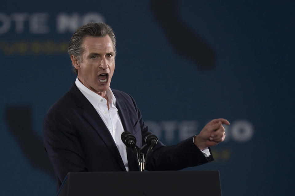 California Gov. Gavin Newsom speaks at a rally ahead of the California gubernatorial recall election Monday, Sept. 13, 2021, in Long Beach, Calif. (AP Photo/Jae C. Hong)