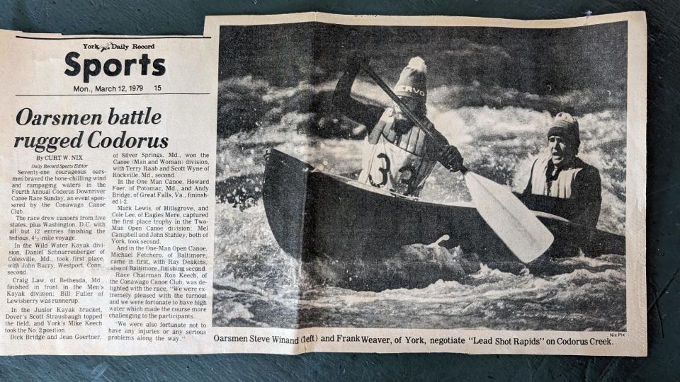 Steve Wiand, left, is featured riding rapids on the Codorus Creek in a York Daily Record article from March 1979.