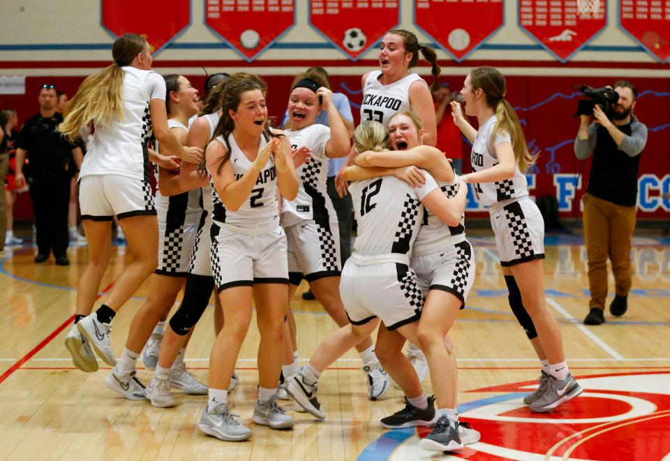 The Kickapoo Lady Chiefs celebrate after beating the Republic Tigers in the Class 6 District 5 championship game at Glendale High School on Monday, March 4, 2024.