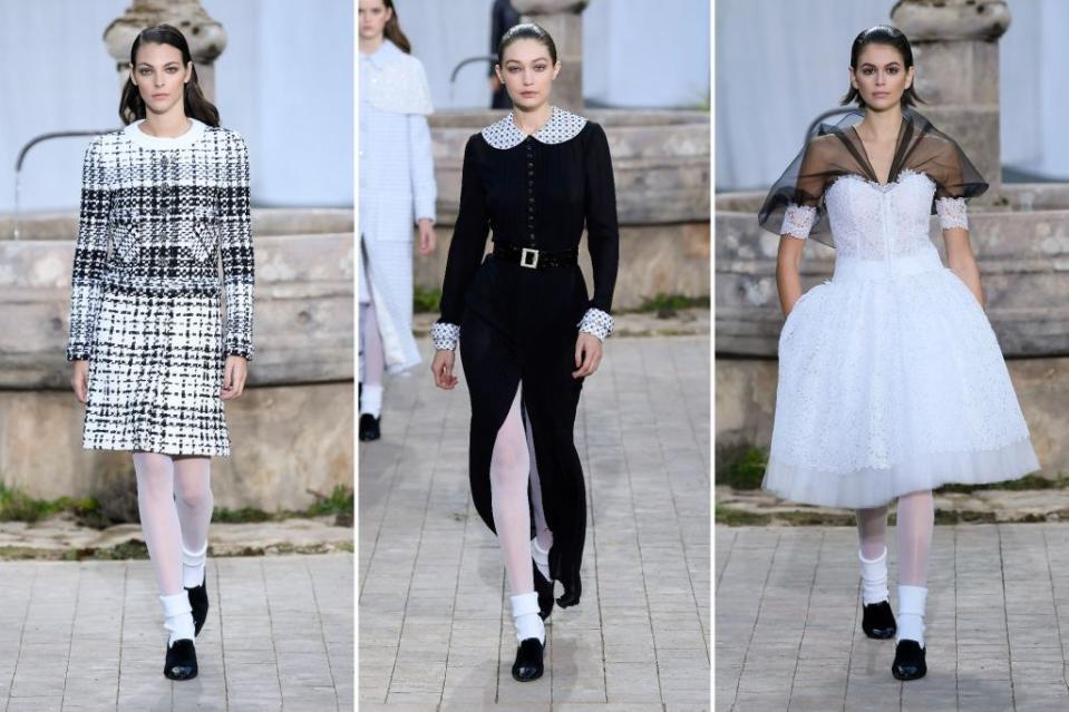 From left: Vittoria Ceretti, Gigi Hadid and Kaia Gerber all walked in the spring 2020 Chanel couture show, when white tights first dominated the runway. Images: Getty