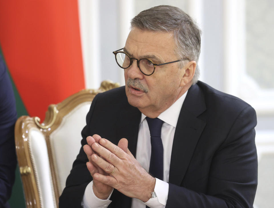 International Ice Hockey Federation President Rene Fasel reacts while speaking with Belarusian President Alexander Lukashenko during their talks in Minsk, Belarus, Monday, Jan. 11, 2021. (Nikolai Petrov/BelTA Pool Photo via AP)