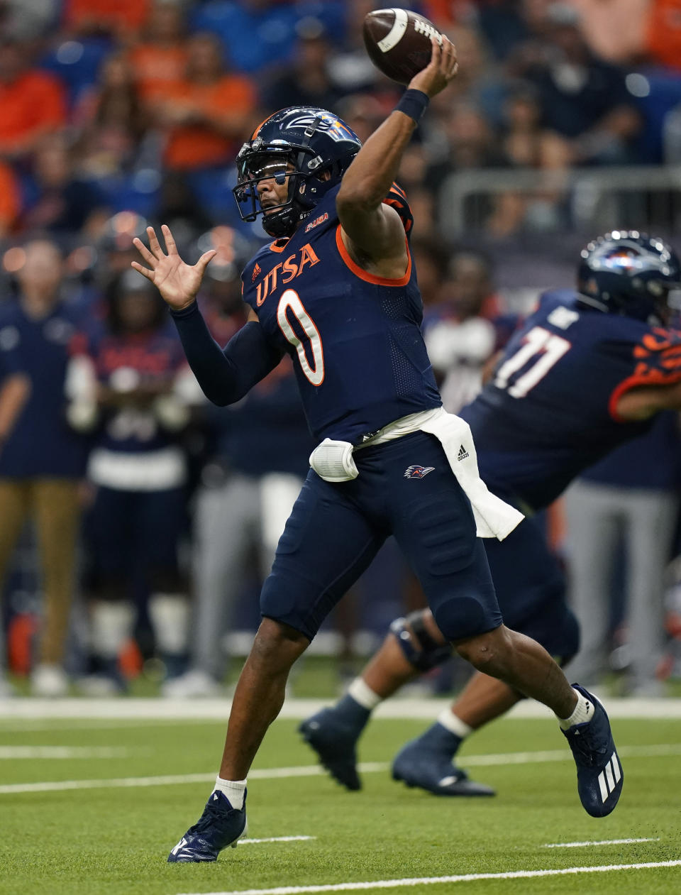 UTSA quarterback Frank Harris (0) throws against Western Kentucky during the first half of an NCAA college football game in the Conference USA Championship, Friday, Dec. 3, 2021, in San Antonio. (AP Photo/Eric Gay)