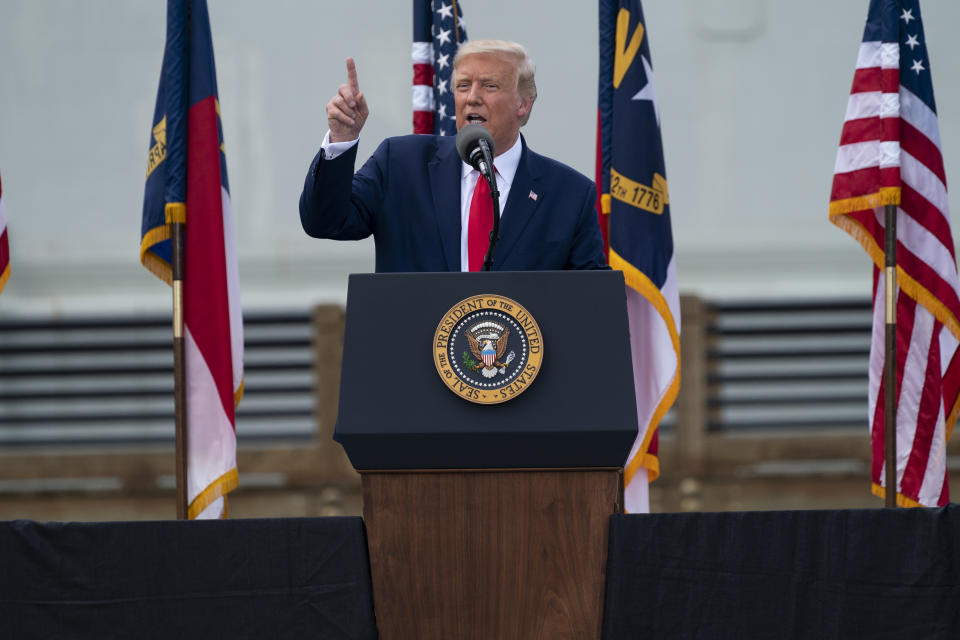 President Donald Trump speaks during an event to designate Wilmington as the first American World War II Heritage City, Wednesday, Sept. 2, 2020, in Wilmington, N.C. (AP Photo/Evan Vucci)