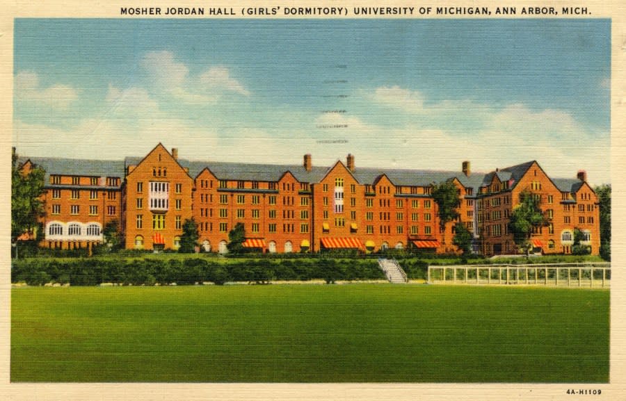 A postcard depicting Mosher-Jordan Hall, the first large dormitory for women on the campus of the University of Michigan. Construction finished in 1930. It was named after the first two “Dean of Women” at the university. (Courtesy University of Michigan Bentley Historical Library)