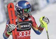 Mikaela Shiffrin smiles after the second run in the women's World Cup slalom competition Saturday, March 11, 2017, in Olympic Valley, Calif. Shiffrin finished first in the slalom competition. (AP Photo/Marcio Jose Sanchez)